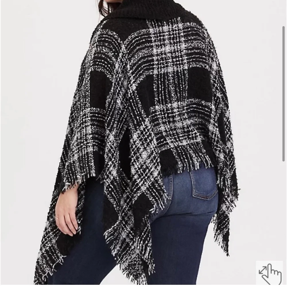 Torrid Southwestern Plaid Boho Fringe Cowl Turtleneck Poncho Sweater